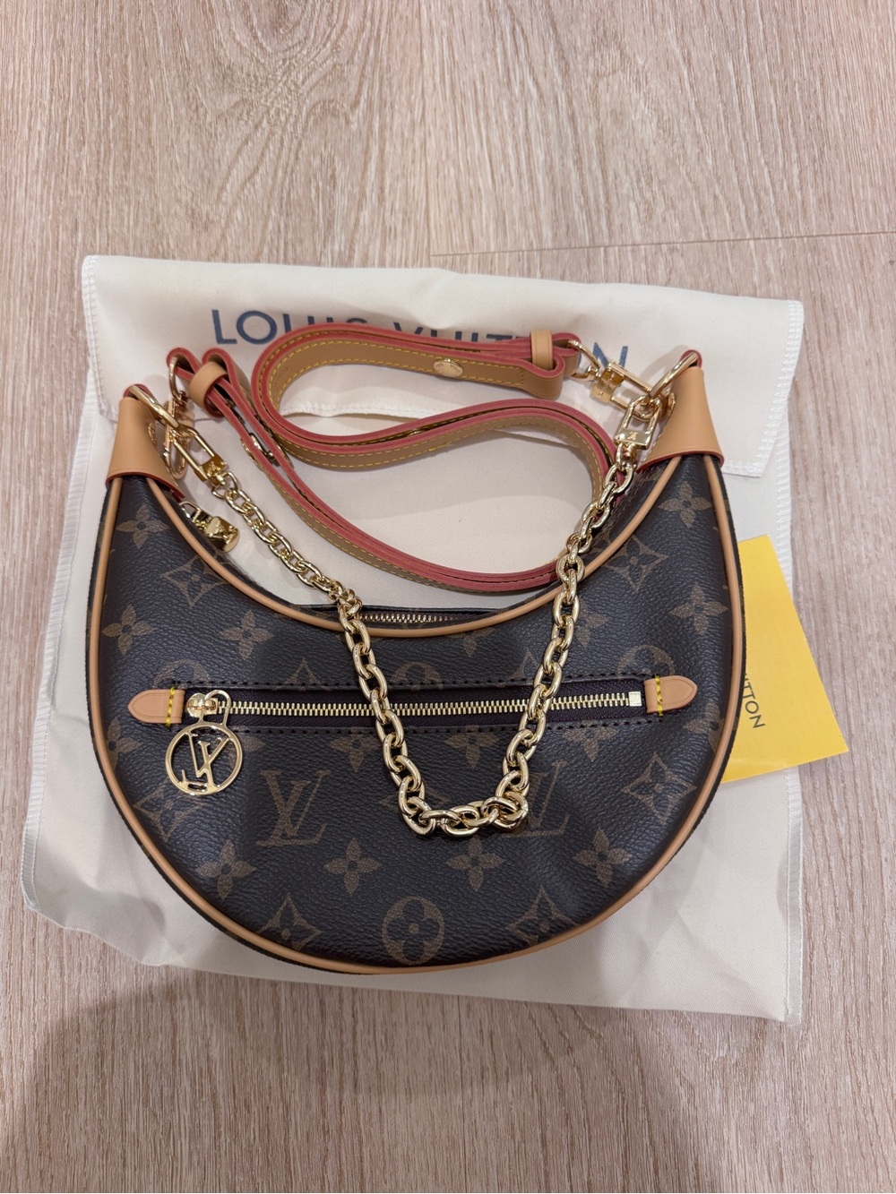 Monogram Crescent Shoulder Bag in Brown with Gold Hardware